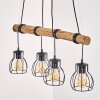 Hout-hanglamp Gondo met massieve stang, vier zwarte kooikappen, lengte 80 cm