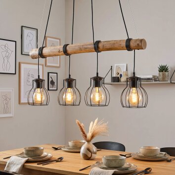 Hout-hanglamp Gondo met massieve stang, vier zwarte kooikappen, lengte 80 cm
