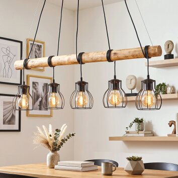 Houtenbalk-hanglamp Gondo met 5 kooikappen, kabels wikkelbaar voor de eettafel