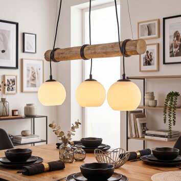 Koyoto 3-lichts eettafel hanglamp met houten balk, E27, lengte 60 cm