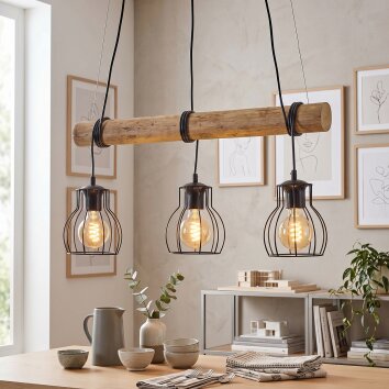 Gondo 3-lichts houten balk hanglamp voor eettafel, lengte 60 cm, kappen in kooivorm