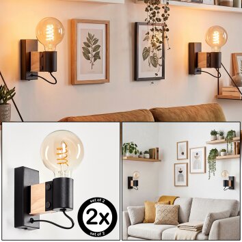 Wandlamp Lemou als leeslamp bij de bank, set van 2 met houten accentblok en open E27-fitting