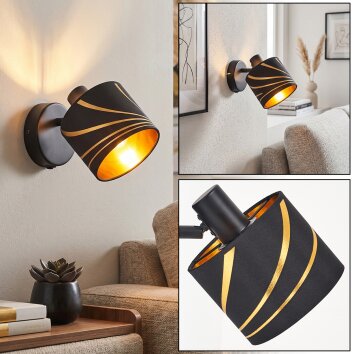 Wandlamp Alsen met verstelbare lampkop, stoffen lampenkap met goudkleurige gebogen sleuven