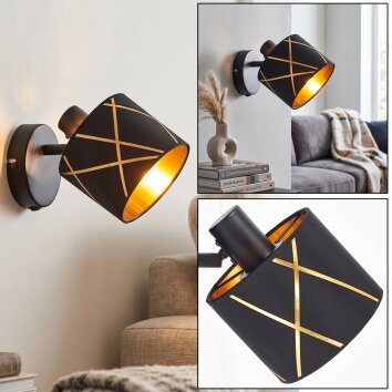 Moderne wandlamp Opatija met zwart-gouden stoffen kap en draaibare lampkop