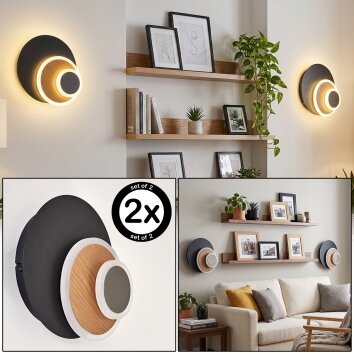 LED ronde wandlamp Lemik, set van 2, houtlook ring, verstelbaar, 3000 Kelvin warmwit