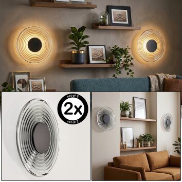 LED Wandlamp Liriel, 2-delige set, met helder en rookkleurig ribbelglas, 3000 Kelvin warmwit