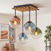 Boho Plafondlamp Gastor met 4 kleurrijke glazen bollen, houten lamellenplaat, ø 15 cm