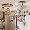 Plafondlamp met glazen bollen Gastor, houten lamellenplaat in natuurlijke kleuren, amber glas