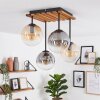 Plafondlamp met glazen bollen Gastor, houten lamellenplaat in natuurlijke kleuren, amber glas