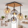 Plafondlamp met glazen bollen Gastor, houten lamellenplaat in natuurlijke kleuren, amber glas