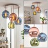 Cluster-plafondlamp Koyoto met vier glazen bollen in blauw, groen en koperkleurig, E14