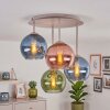 Cluster-plafondlamp Koyoto met vier glazen bollen in blauw, groen en koperkleurig, E14