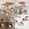 Boho-plafondlamp Gastor met houten lamellenplaat en 5 heldere rookglazen bollen, ø 15 cm
