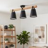 Plafondlamp Andian met boho-houten balk, drie zwarte kappen voor de eettafel, E27