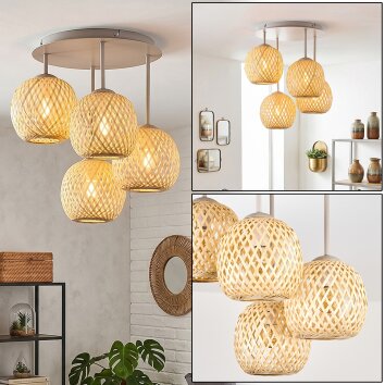 Boho Cluster-plafondlamp Basto met 4 gevlochten bamboeschermen in natuurlijke kleuren
