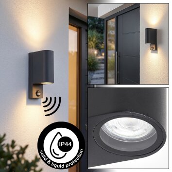 Wandlamp voor buiten Kingstown, halfronde behuizing met helder glas en bewegingssensor