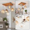 Boho-kogellampje Gastor met houten lamellenplaat, 5 bollen in amber, helder en rookkleurig