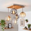 Boho-kogellampje Gastor met houten lamellenplaat, 5 bollen in amber, helder en rookkleurig