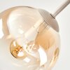 Boho-kogellampje Gastor met houten lamellenplaat, 5 bollen in amber, helder en rookkleurig