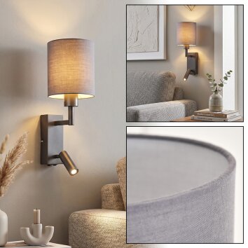 LED-nachtkastje-leeslamp Turil, draaibare leesspot, grijze stoffen kap, 3000 Kelvin warmwit