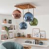 Boho plafondlamp Koyoto met 4 bonte glazen bollen en houten lamellenplaat