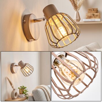 Wandlamp Keldor met bruine metalen kooikap, draai- en zwenkbare lampkop voor de leeshoek