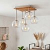 Boho cluster-plafondlamp Koyoto met 5 heldere glazen bollen aan houten lamellenplaat