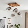 Boho plafondlamp Koyoto met 4 heldere glazen bollen, houten lamellenplaat en E14