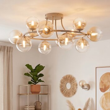 Moderne Plafondlamp met glazen bollen Chehalis, zandkleurige armatuur, 12 lichtpunten