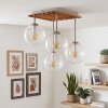 Boho plafondlamp Gastor met houten lamellenplaat en 4 heldere glazen kappen ø 15 cm, E14
