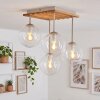 Boho plafondlamp Gastor met houten lamellenplaat en 4 heldere glazen kappen ø 15 cm, E14