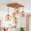 Boho-plafondlamp Koyoto met houten lamellenplaat en amberkleurige glazen bollen