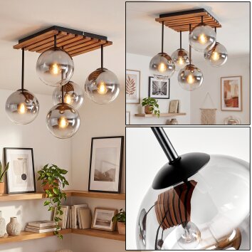 Gastor 5-lichts plafondlamp met bolkappen, lattenframe voor eetkamer en woonkamer