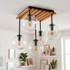 Boho cluster-plafondlamp Gastor met houten lamellenplaat en 5 heldere glazen bollen, E14