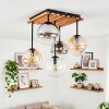 Plafondlamp Gastor met houten lamellenplaat, 5 bollen ø 15 cm in helder, amber en rookkleurig