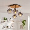 Plafondlamp Koyoto met vier bollen en houten lamellenplaat voor de eettafel