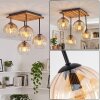 Boho plafondlamp Koyoto met 4 amberkleurige glazen bollen onder een houten lamellenplaat