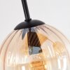 Boho plafondlamp Koyoto met 4 amberkleurige glazen bollen onder een houten lamellenplaat