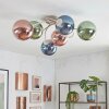 Moderne Cluster-plafondlamp Chehalis met zes blauwe, groene en koperkleurige glazen bollen