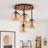 Boho-plafondlamp Koyoto met houten lamellenplaat en 4 amberkleurige glazen bollen ø 15 cm