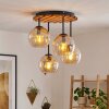 Boho-plafondlamp Koyoto met houten lamellenplaat en 4 amberkleurige glazen bollen ø 15 cm