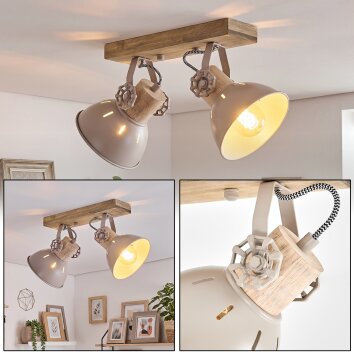 Plafondlamp Orny met houten balk, verstelbare armatuurkoppen in zandkleur, voor hal en entree