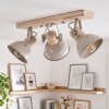 Verstelbare boho plafondspot Orny met houten balk en draaibare koppen, zandkleurige kappen