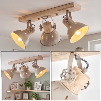 Verstelbare boho plafondspot Orny met houten balk en draaibare koppen, zandkleurige kappen