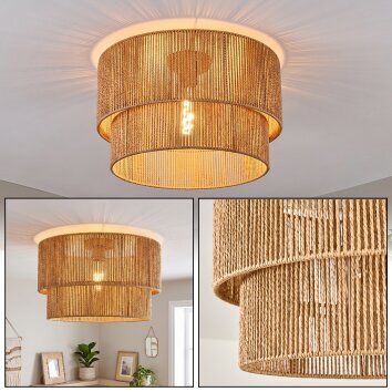 Boho plafondlamp Tamir met dubbele bruine cilindrische touwkappen in natuurlijke kleuren