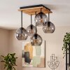 Cluster-plafondlamp Koyoto met houten lamellen, 5 rookglazen bollen voor de eettafel