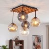 Moderne cluster-plafondlamp Koyoto met houten lamellenplaat, amberkleurige glazen bollen