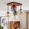 Moderne cluster-plafondlamp Koyoto met houten lamellenplaat, amberkleurige glazen bollen