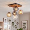 Moderne cluster-plafondlamp Koyoto met houten lamellenplaat, amberkleurige glazen bollen