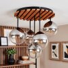 Moderne houten plafondlamp Gastor met 5 glazen bollen in helder en rookglas